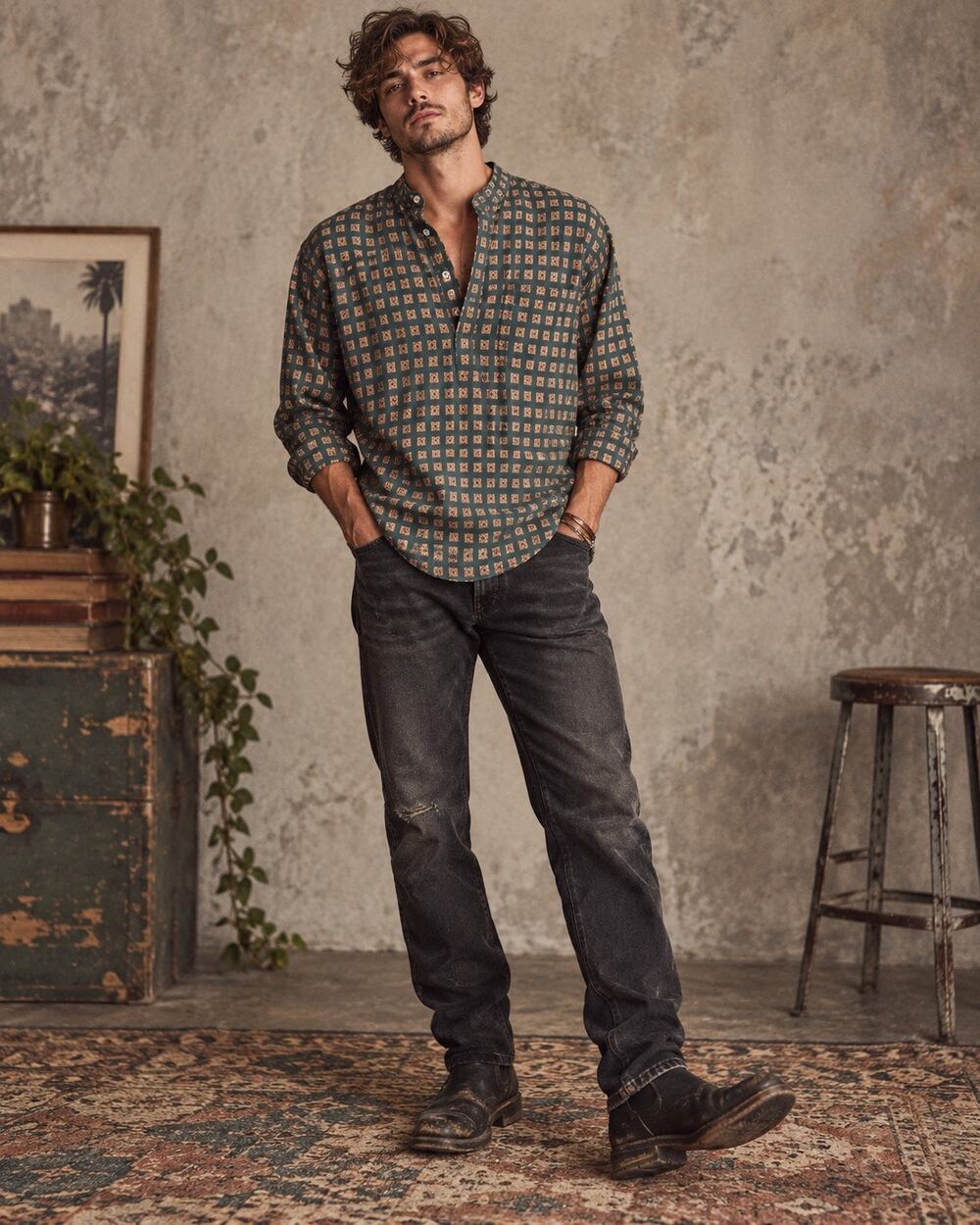 The Territory Ahead Mens L Geometric Cotton 1/4 Button Pullover Shirt Southwest